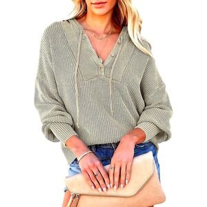 ANRABESS Women's Long Sleeve Henley Hoodie Button Drawstring Casual Knitted XL